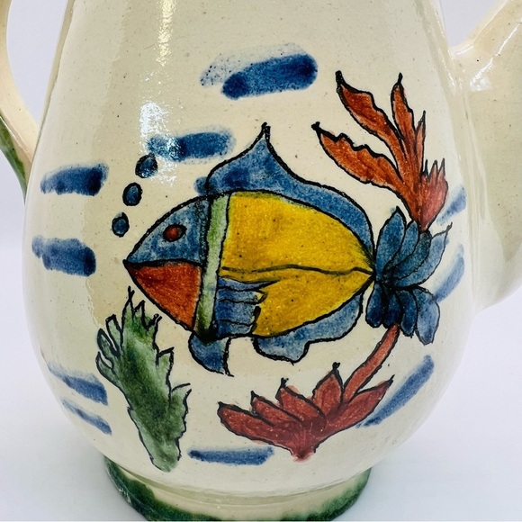70’s VTG Mexican Pottery Pitcher Hand Painted Fish Artist Signed Folk Tropical - Picture 6 of 13